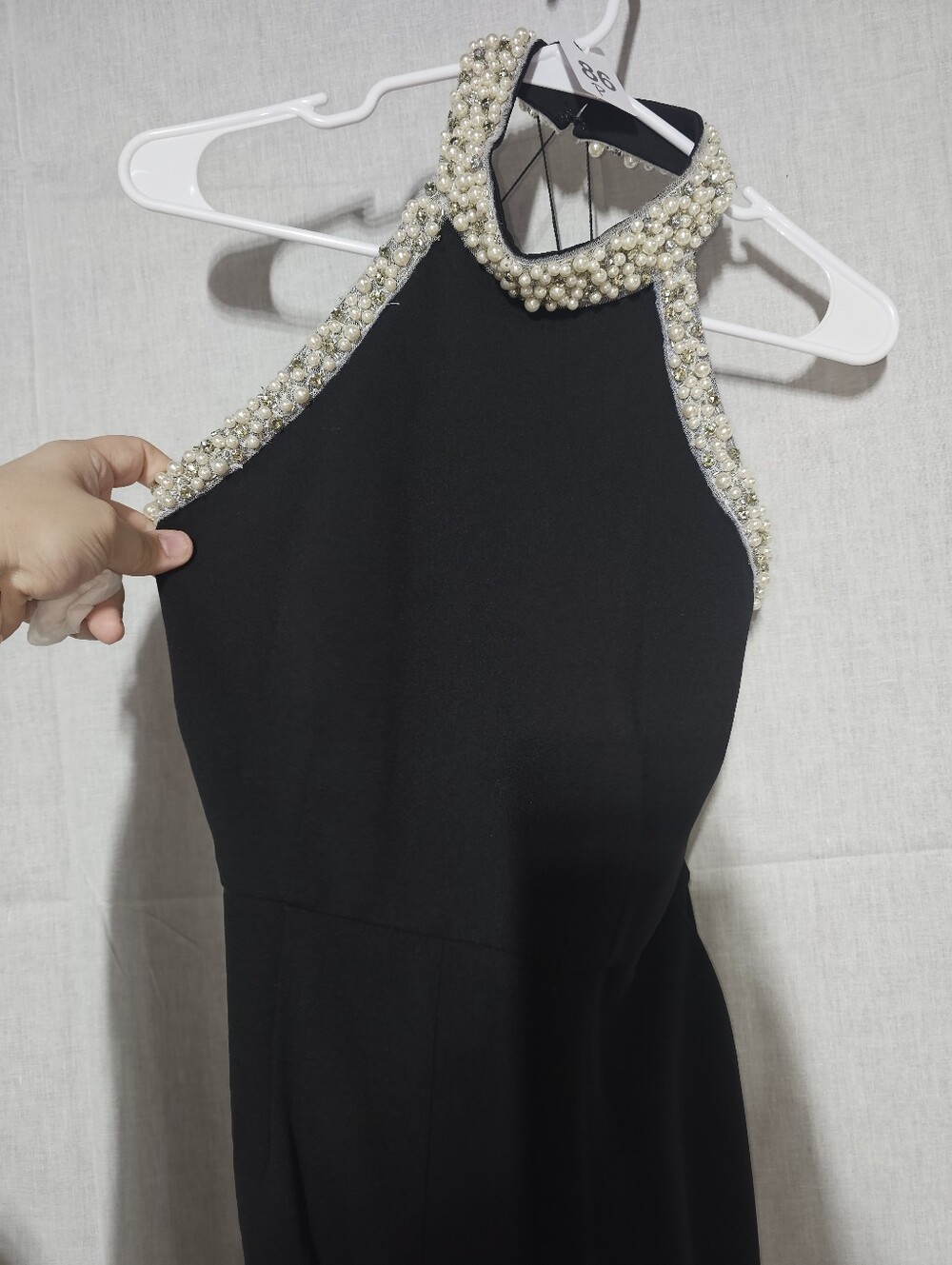 Adrianna Papell Black Halter Junosuit with Pearl Trim